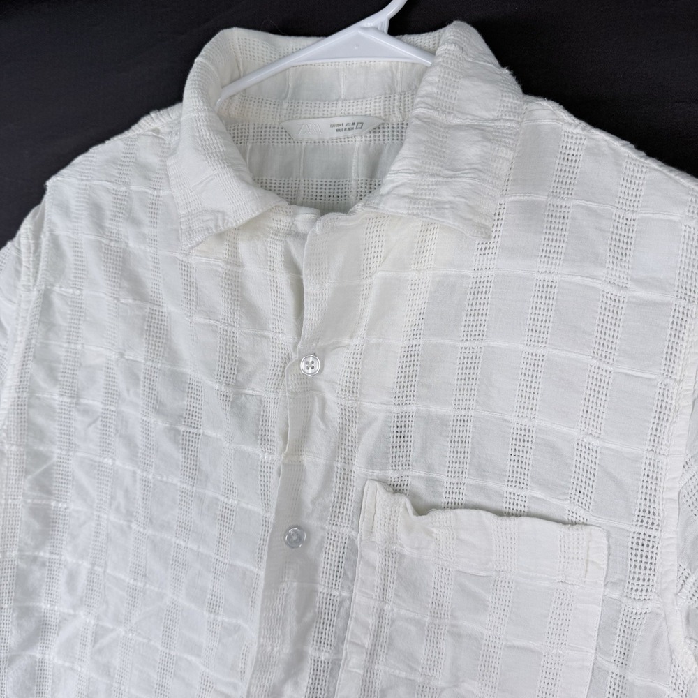 ZARA Men's Cotton Woven White Check Short Sleeve Button-Up Shirt Pocket S